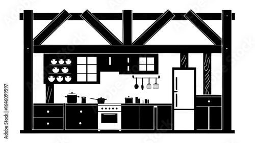 Black and white kitchen interior with cabinets, pots, pans, oven, fridge and wooden beam structure silhouette