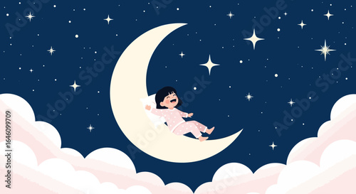 Dreamy Scene A Girl Asleep on the Moon Surrounded by Stars and Clouds