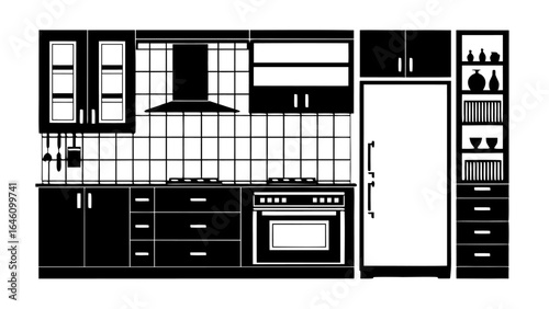 Illustration of a kitchen interior with cabinets oven refrigerator and shelves in black and white style design silhouette