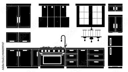 Illustration of a kitchen interior with cabinets sink stove refrigerator and a chandelier in black and white silhouette