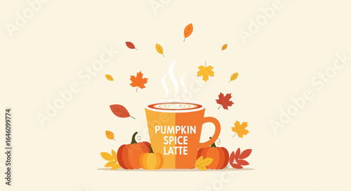 Cozy fall season scene with pumpkin spice latte autumn leaves and pumpkins illustration