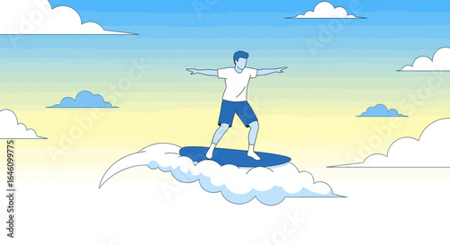 Dreamy Sky Surfing Man Floating on Clouds Above the Horizon