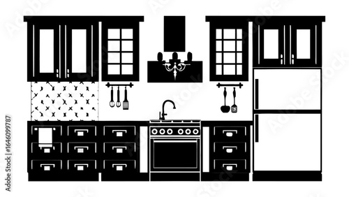 A black and white kitchen scene featuring cabinets, a stove, a refrigerator, and hanging utensils design silhouette