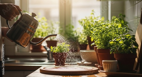 Sunlit Kitchen: Watering Vibrant Basil Plants with a Copper Kettle