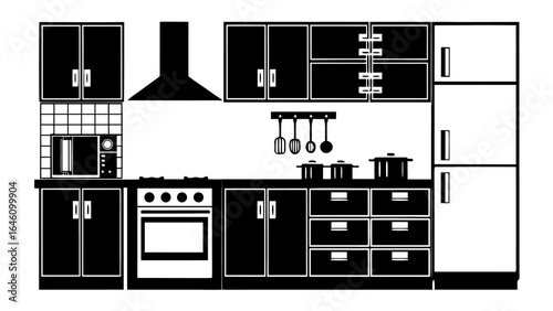 Detailed kitchen interior with cabinets, oven, refrigerator, microwave, and cooking utensils in black and white silhouette