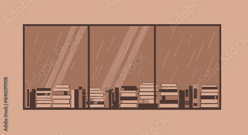 Cozy Reading Nook With Books Stacked Before Large Window In Rainy Day