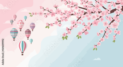 Dreamy spring scene featuring hot air balloons and blooming cherry blossoms in pastel shades
