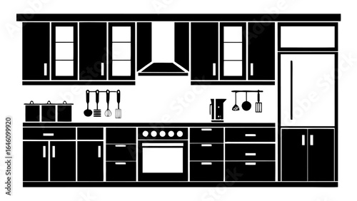 Illustration of a kitchen interior with cabinets, appliances, and cooking utensils in black and white silhouette