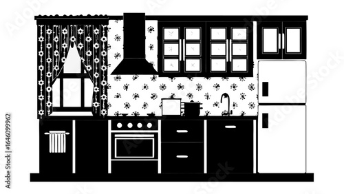 Detailed monochrome kitchen scene featuring cabinets, appliances, and floral patterned decor design style silhouette