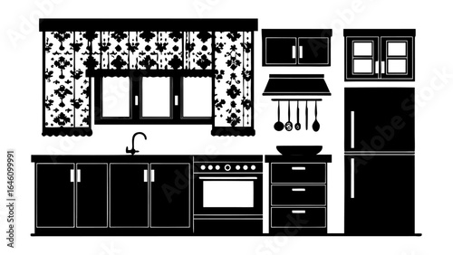 Black and white kitchen interior with cabinets, appliances, window and floral curtains design silhouette