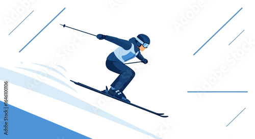 Dynamic illustration of a skier descending a slope with energy and skill highlighted in a clean design