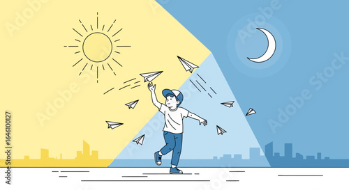 Day and Night Dreams: A Boy's Imagination Takes Flight with Paper Airplanes in a Dual Landscape