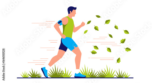 Dynamic Illustration of Man Running in Nature with Leaves, Showcasing Health and Energy