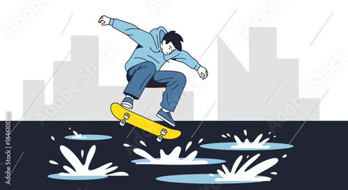 Dynamic skateboarder performing trick over puddles on rainy city street illustration