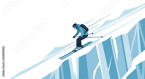 Dynamic Skier Descending Steep Snowy Mountain In Winter Adventure Vector Illustration