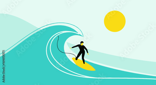 Dynamic Surfing Illustration With Clean Lines And Bold Colors For Summertime Fun
