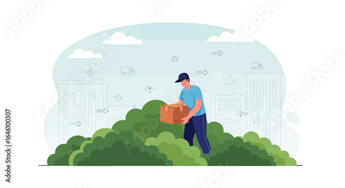 Efficient Delivery Service Man Carrying Parcel Among Green Bushes Cartoon Illustration