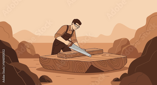 Craftsman working on wood project with hand saw in rustic outdoor setting illustration