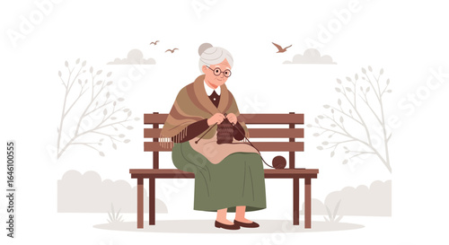 Elderly Woman Knitting on a Bench in Park Serene Retirement Illustration