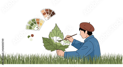 Creative Artist Decorating a Leaf With Paint in a Green Field Nature Style