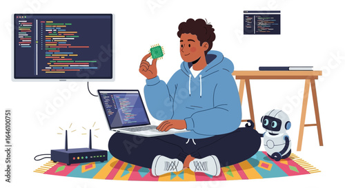 Dedicated Software Engineer working with Computer Hardware and Writing Code at Home Project