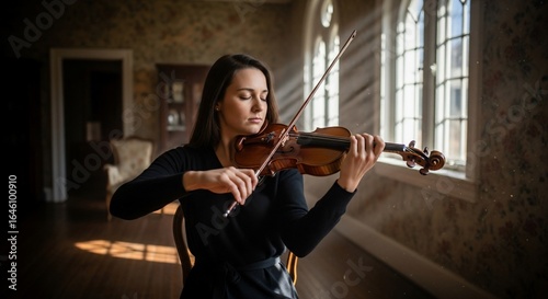 Sunlit Reverie: A Violinist's Passionate Performance in a Historic Room