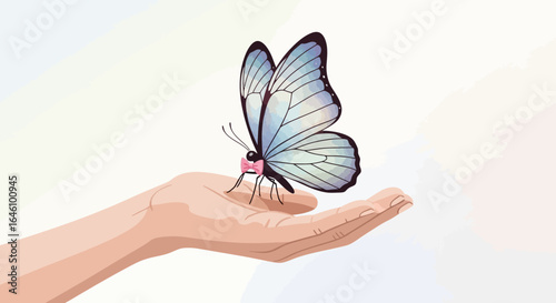 Delicate balance: A blue butterfly rests gently on an outstretched human hand conveying nature connection