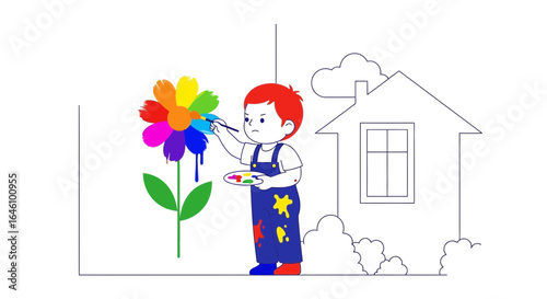Creative child drawing colorful flower on wall with home sketch in background creating artistic artwork showing imagination and skill