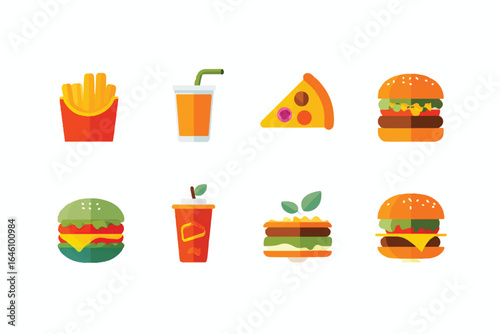 Flat vector design illustration of fast food elements featuring burgers pizza french fries and beverages for restaurant menu or online food ordering concept ideal for posters and website graphics