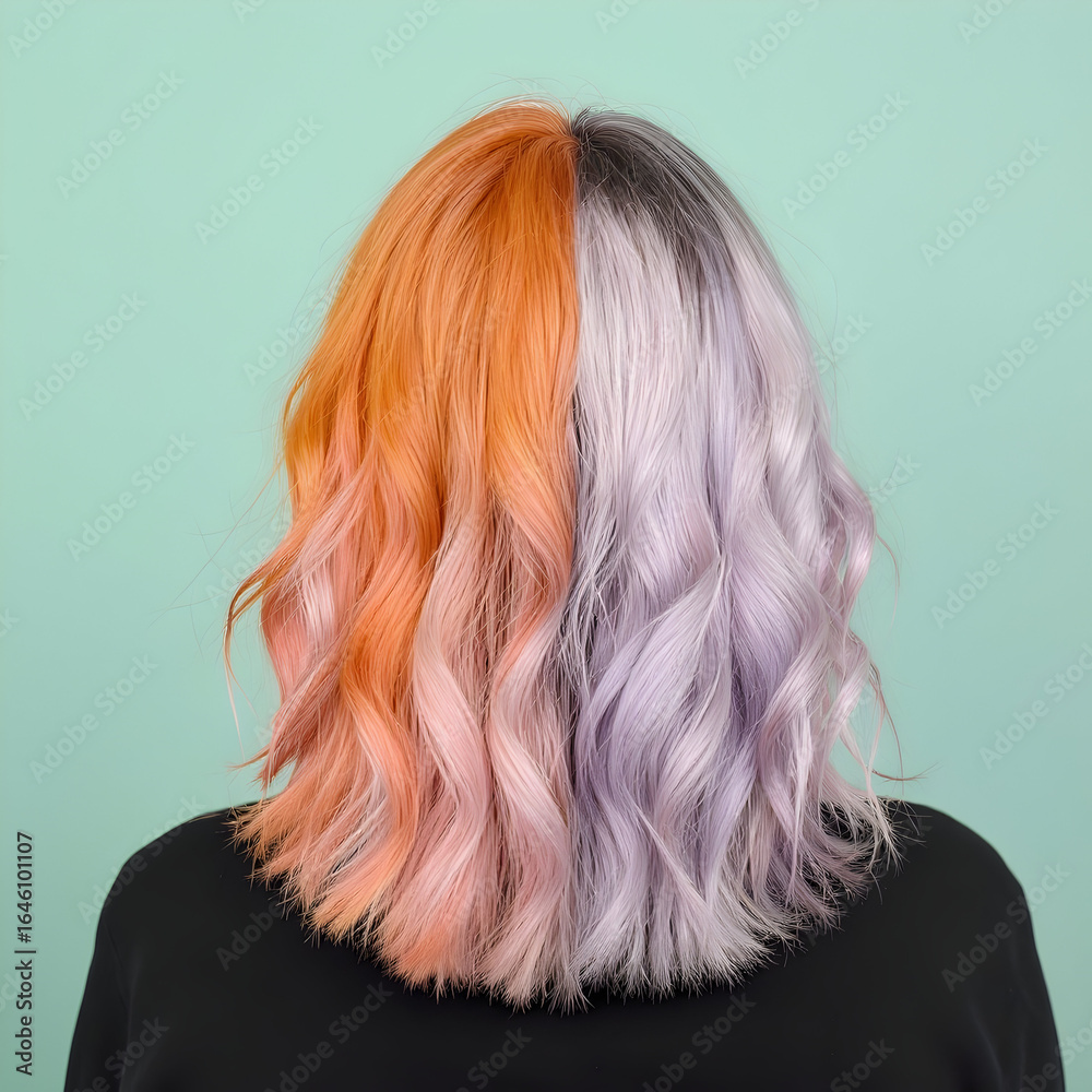 Naklejka premium Vibrant orange and pastel purple split dyed wavy hair image
