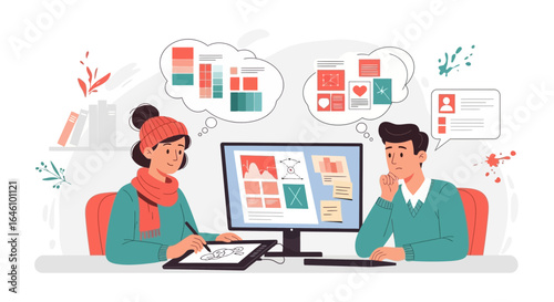 Creative collaboration, digital designers working together on new project illustration