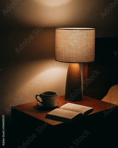 A cozy bedside scene with a lit lamp casting a warm glow, an open book, and a cup of coffee on a wooden nightstand. The setting suggests a quiet evening of reading or relaxation.