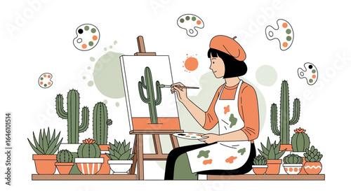 Creative Hobbyist Painting a Cactus Scene in a Home Studio Environment