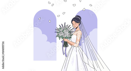 Elegant bride in white dress holding a bouquet of flowers on wedding day illustration