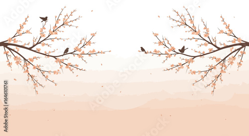 Delicate Cherry Blossom Branches With Birds On Pale Pink Landscape Scenery