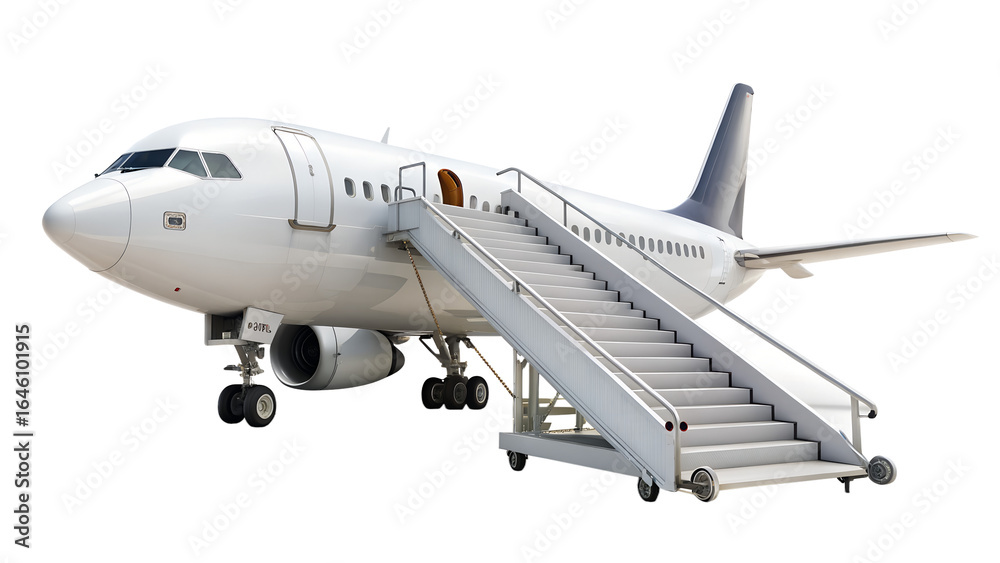 Fototapeta premium Commercial airplane with stairs leading to the entrance, isolated against a transparent background isolated on transparent background