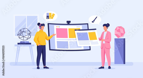 Creative web design process illustration involving designers collaborating together