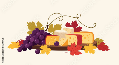 Elegant Cheese and Grapes Still Life Illustration with Autumnal Leaves for Food Art