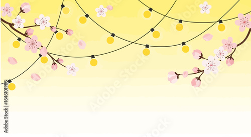 Delicate cherry blossoms and string lights create a soft springtime feeling backdrop illustration evokes joy and serenity