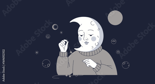 Crescent Dreamer Person Holding Starry Necklace Conceptual Illustration Flat Design