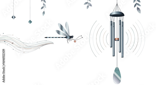 Delicate Dragonfly Visits Serene Wind Chimes Illustration In Dreamy Pastel Shades