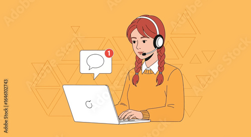 Customer support representative with headset assisting online via laptop illustration