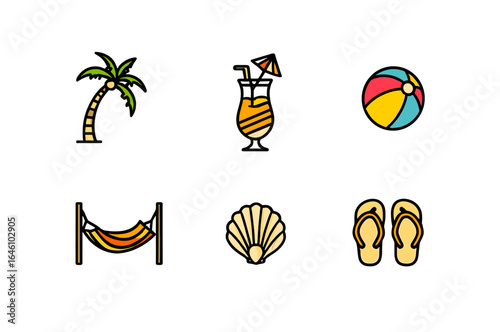 Fun Summer Vacation Icons Featuring Palm Tree, Cocktail, Beach Ball, Hammock, and Flip Flops