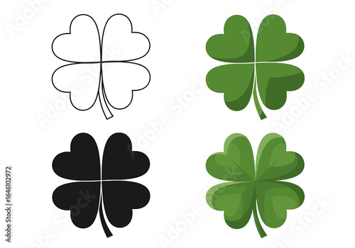 Four Leaf Clover Illustrations Featuring Different Styles and Shades for Creative Use and Inspiration