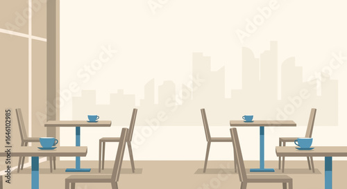 Elegant coffee shop vector illustration with tables chairs and city view backdrop