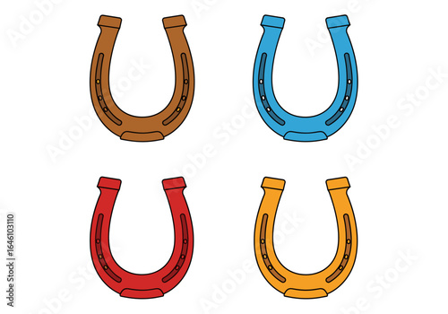 A grouping of four horseshoes in various hues arranged in a two by two grid pattern illustration