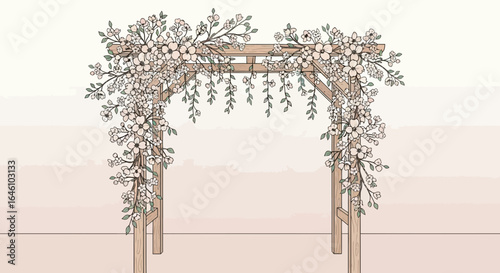 Delicate hand-drawn illustration of a wooden wedding arch adorned with flowers creating a romantic ambiance