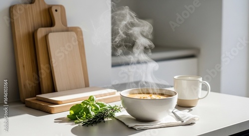 Sunlit Still Life: Aromatic Steam Rising from a Hot Bowl of Soup with Fresh Herbs