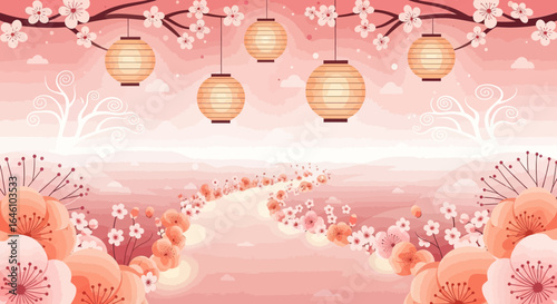 Elegant dreamy background with cherry blossom flowers and chinese paper lanterns