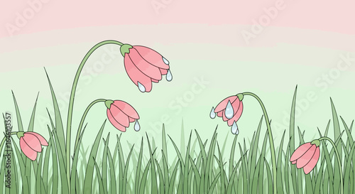 Delicate pink flowers with glistening dew drops in a serene grassland illustration